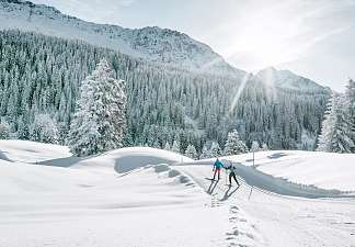 Zwei Personen auf Langlaufskis in einer weiten, verschneiten Winterlandschaft mit Nadelbäumen und Bergen im Hintergrund.